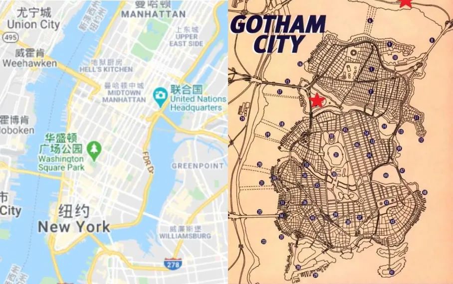 对比纽约和哥谭的地图,就能发现两者之间的相似之处,桥梁是与外部连接