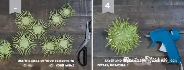 将铁丝花茎线一端弯曲成小圆环,将花茎线使用热熔胶粘贴在菊花的底部