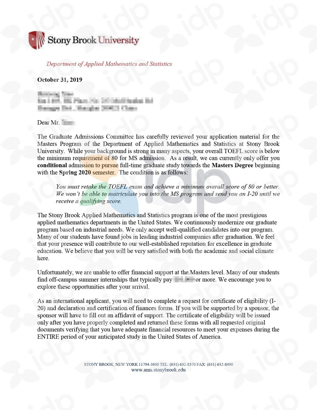 录取:纽约州立大学石溪分校应用数学专业硕士交通大学动力工程专业