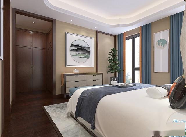 200平米新中式风格,客厅背景墙采用硬包浮雕造型,文化氛围十足_主卧室