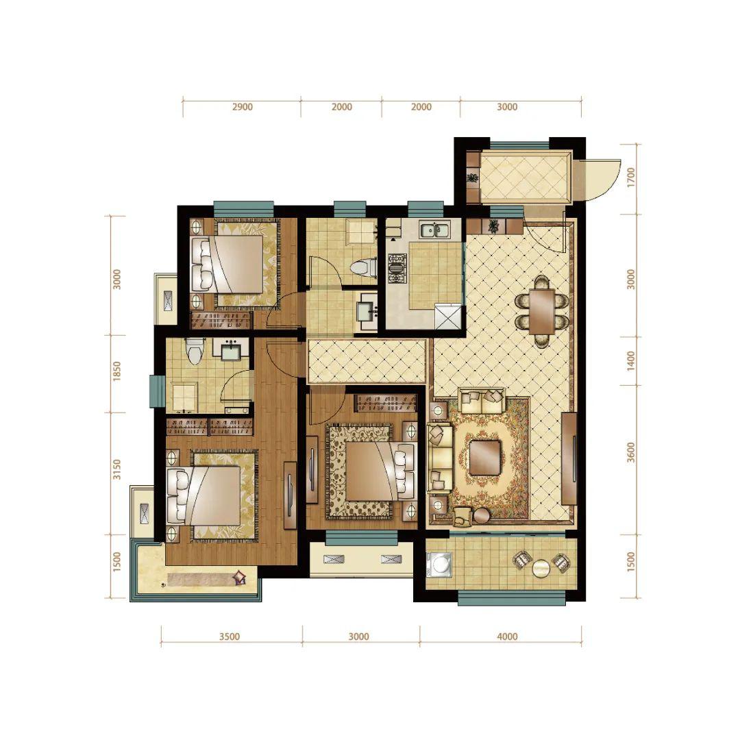 d户型约127㎡ 三室两厅两卫专属入户花园,礼遇归家的仪式感方正赏景