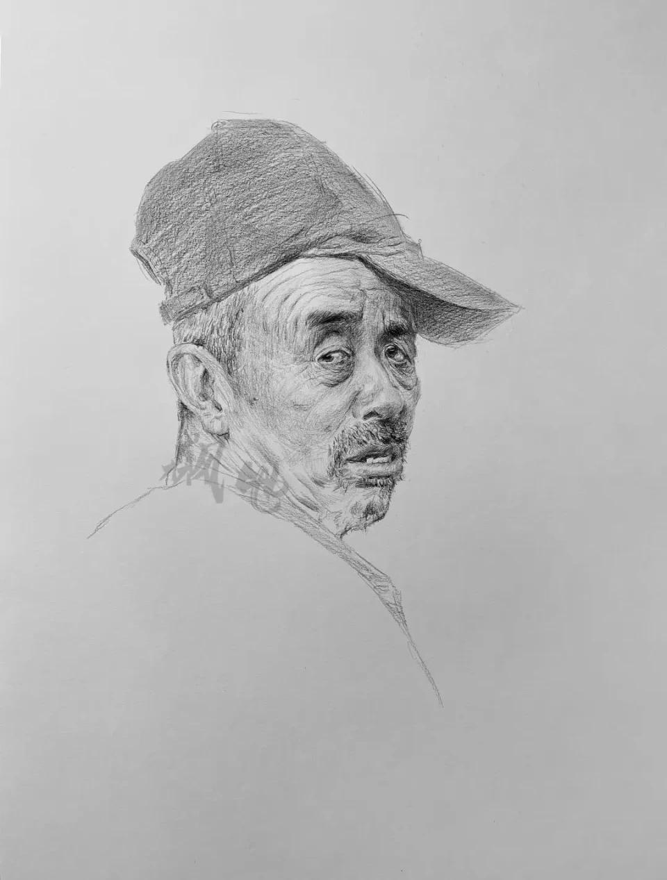 每日一画素描头像戴帽子的老年人飙地画室