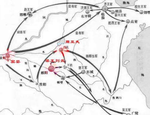 从图示上看,吴王刘濞的叛军是从广陵出征,溯睢水而上,一路向西,直取