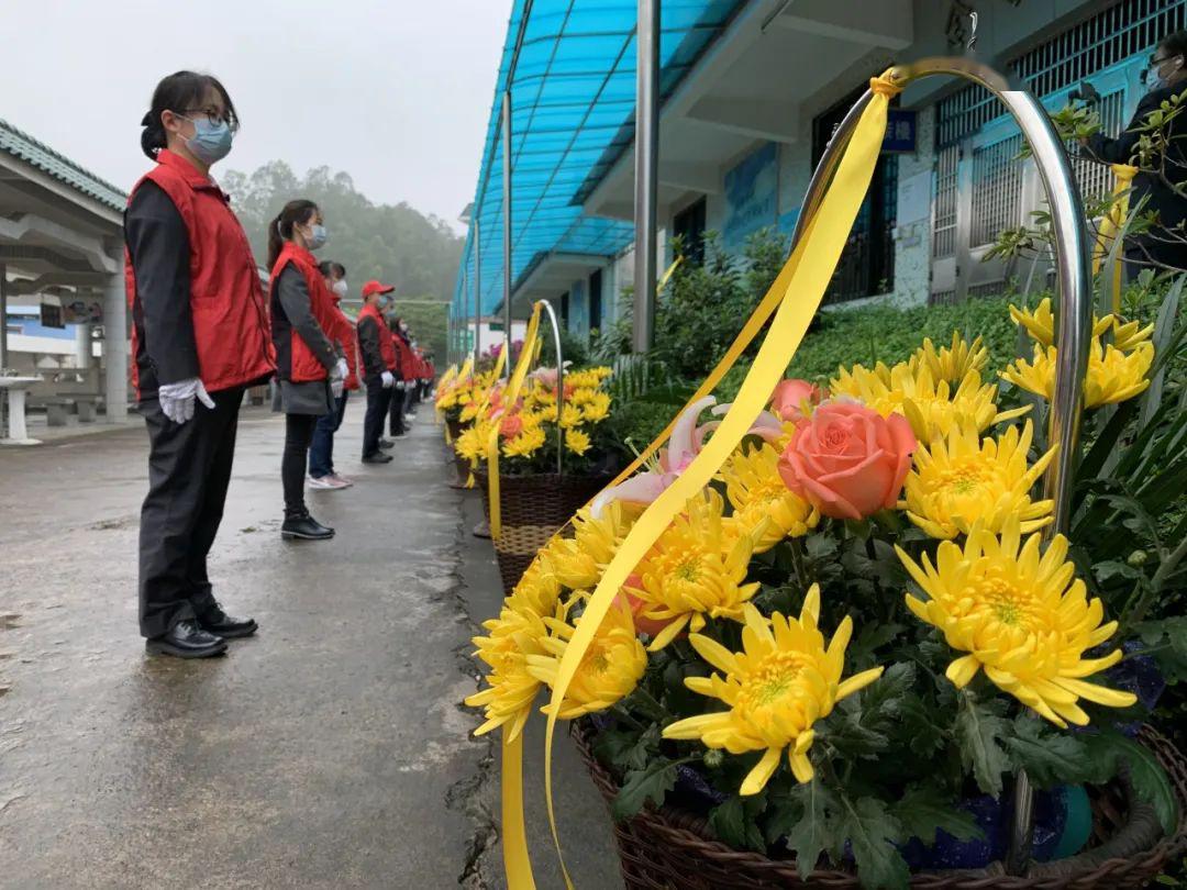 今日上午,在江门长青墓园,志愿者和陵园工作人员依次走进墓区,向墓位