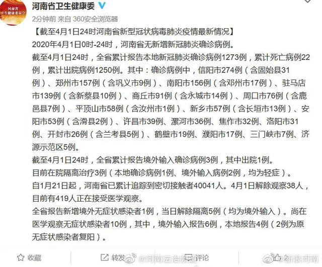 截至4月1日24時河南省新型冠狀病毒肺炎疫情最新情況