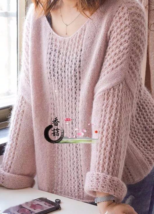 真丝马海合股编织,教你织一款时尚百搭的棒针镂空衫(附编织说明)