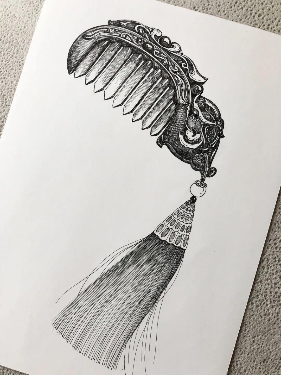 线描打卡教程03期画一枚玉梳