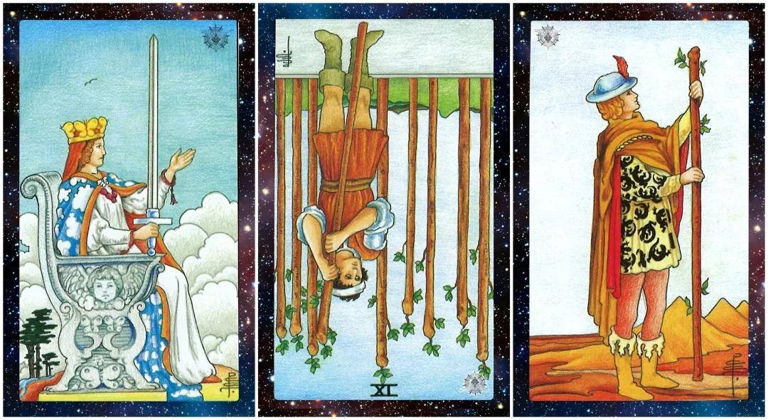 编辑抽到的塔罗牌是:宝剑皇后,权杖九逆位,权杖侍卫.