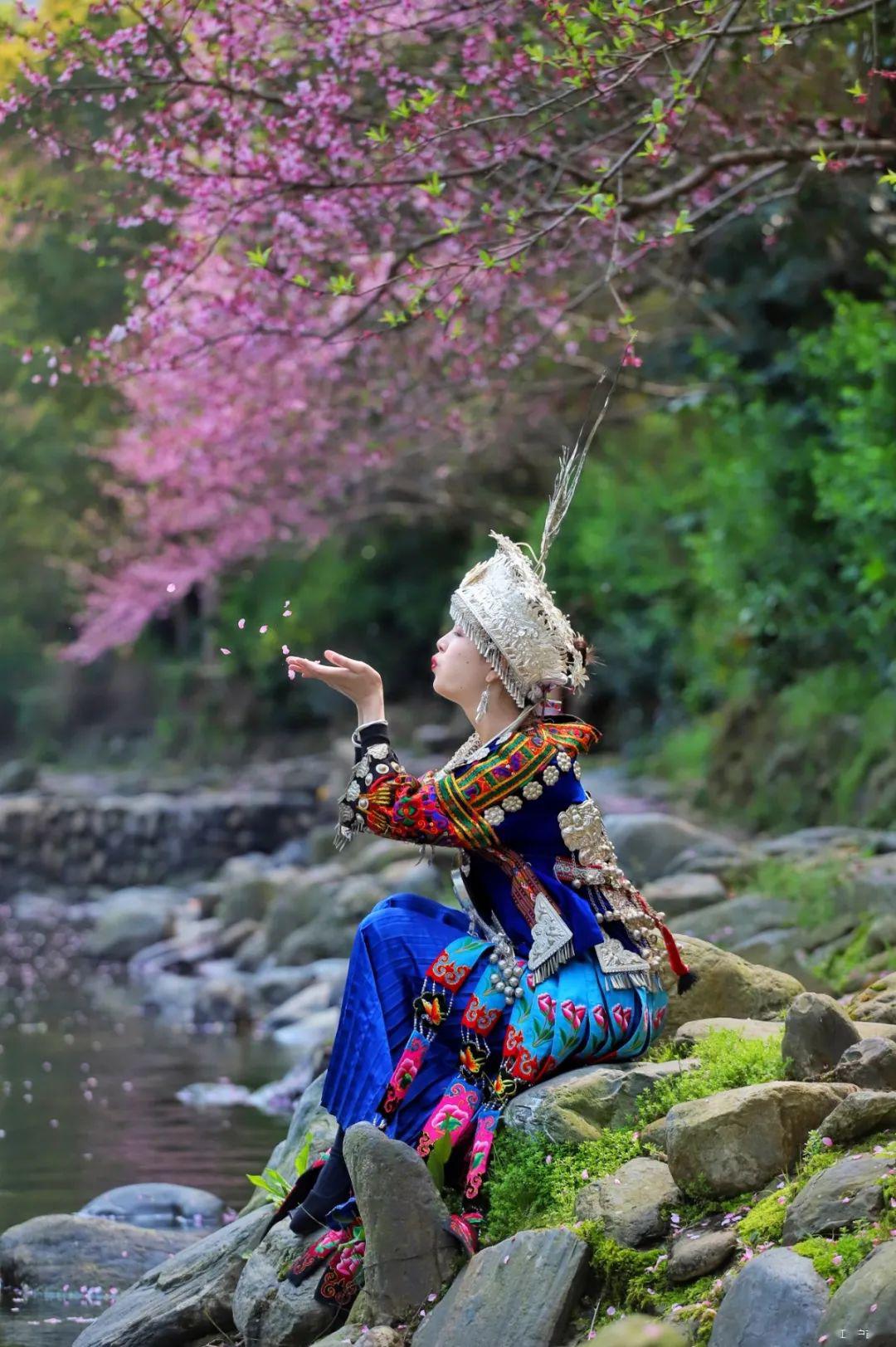 西江千户苗寨春意盎然苗族姑娘花间引人入胜