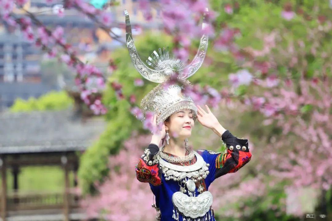 西江千户苗寨春意盎然苗族姑娘花间引人入胜