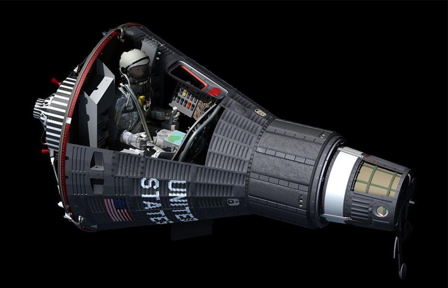 水星飞船座舱示意图发射系统出了故障,还要抢修,倒计时只有暂停了.