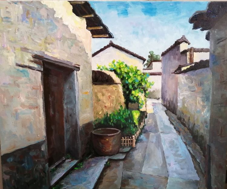 《石板巷的早晨》油画 50x60 何成钰《时光》油画 50x40cm 刘宏《甪直