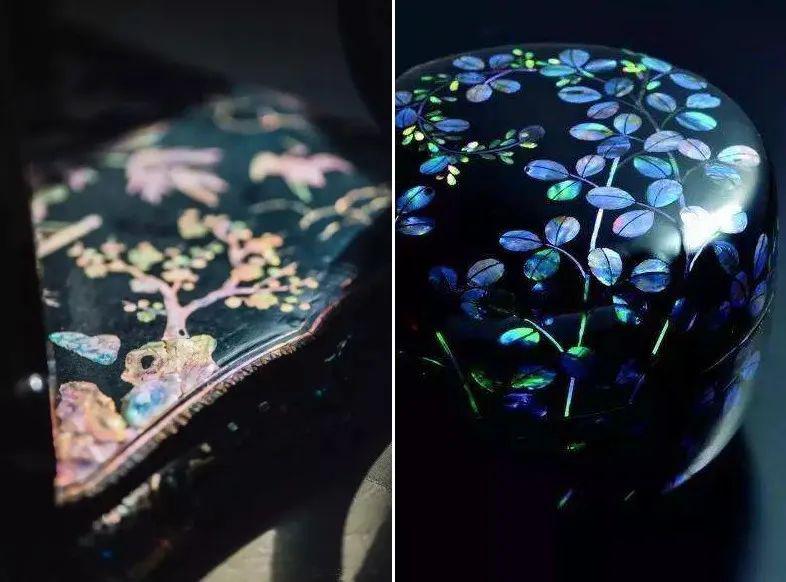 而将软螺钿的底面,衬上各种色彩,让其产生一种透色效果,这种技法就是"