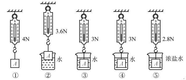 弹簧测力计的示数变化情况,从而比较铁块在水和浓盐水中受到浮力的