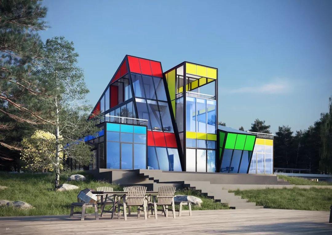 这是一个形式主义的建筑,利用魔方与蒙德里安两者奇妙的共同性,围绕一