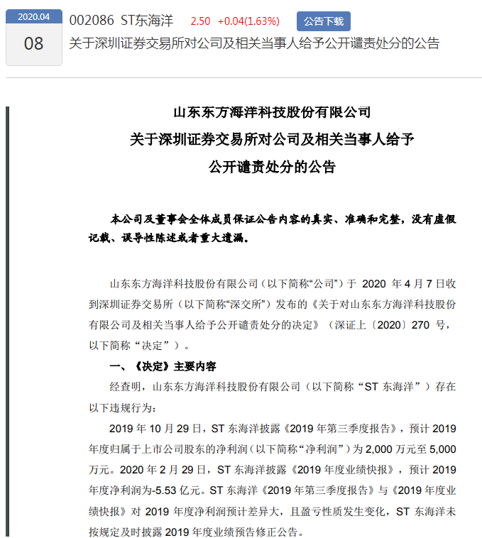 相关链接:经深交所纪律处分委员会审议通过,一,对山东东方海洋科技