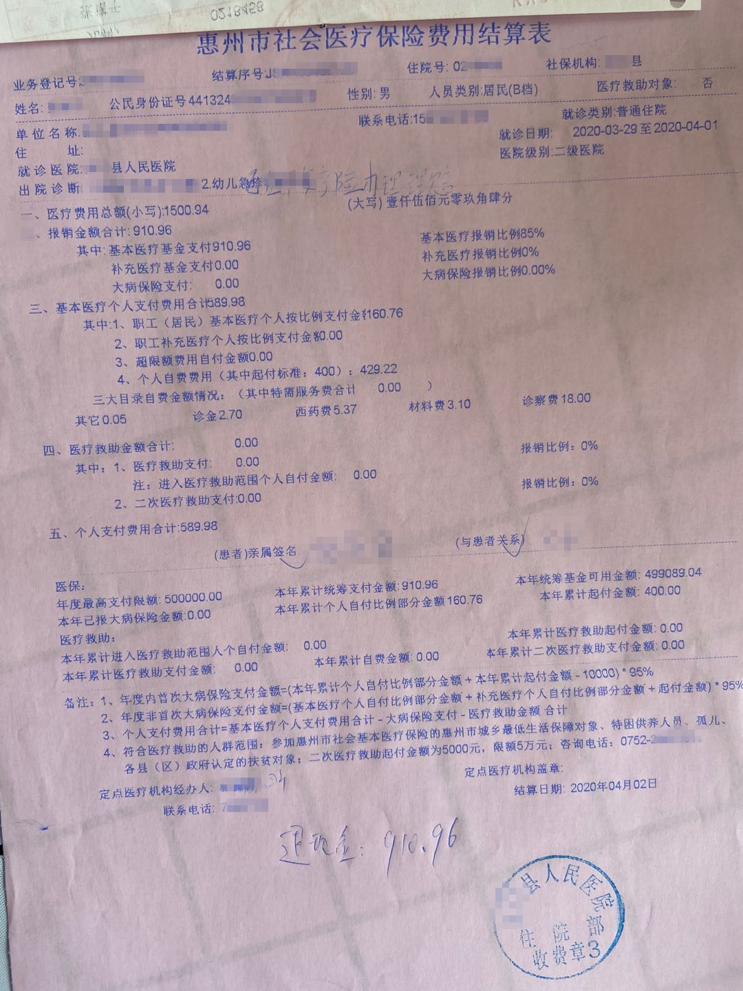 惠州新农合报销案例——二级公立医院_社保