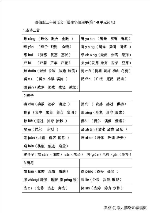 部编版三年级语文下册整册生字组词18单元扩词含拼音注解