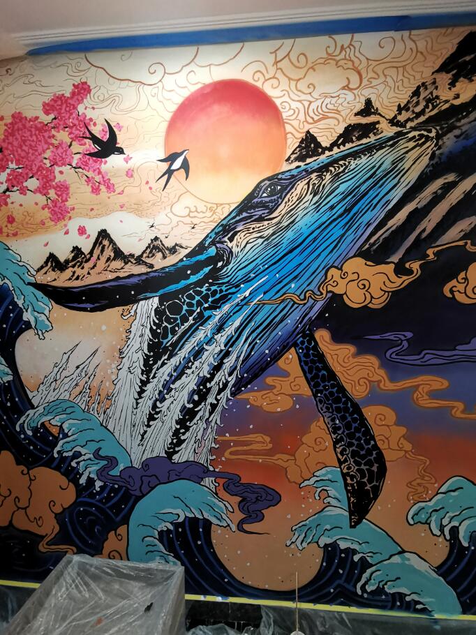 涂鸦墙绘技法用在经典和风浮世绘上简单3步画在家里的背景墙上还不错