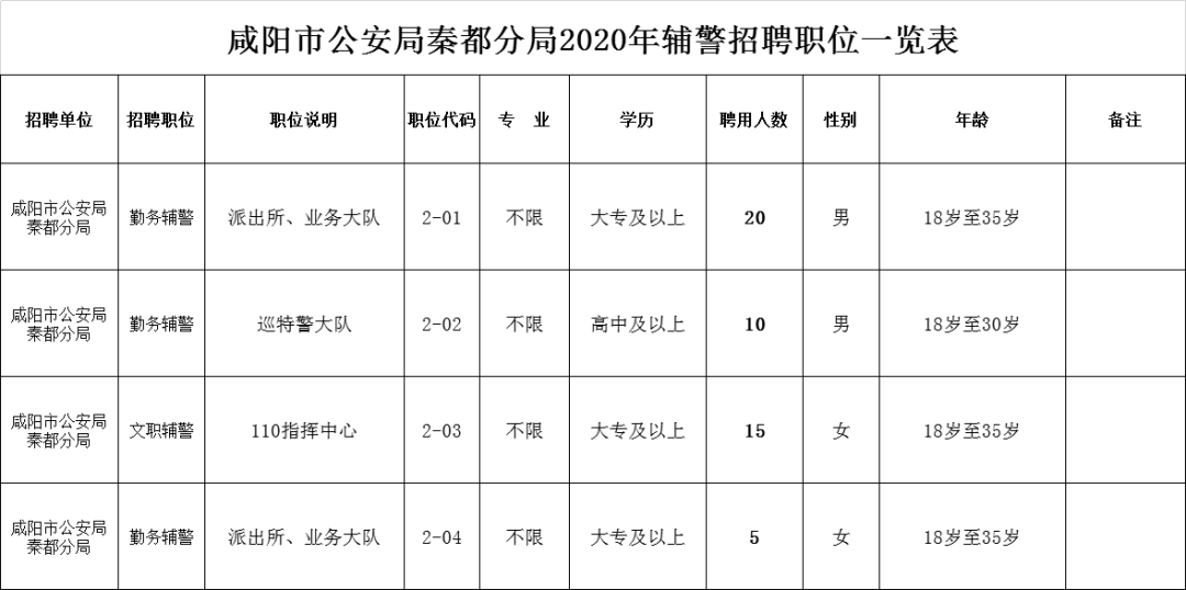 3,咸陽市乾縣公安局2020年輔警招聘職位一覽表