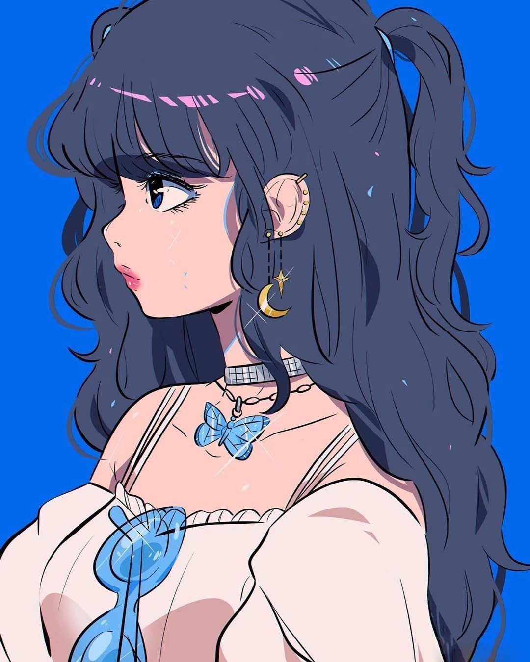 少女人物插画作品,有着赛博朋克风格,画面的配色也好大胆