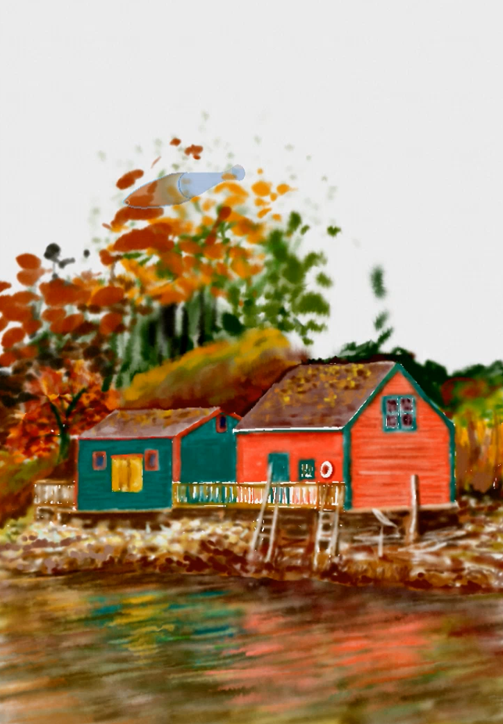 秋日湖边的美景(电脑绘画)_房子