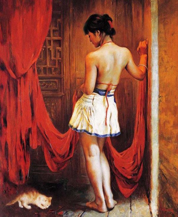 画院老教授潘鸿海人体油画中那些身穿红肚兜的东方女孩