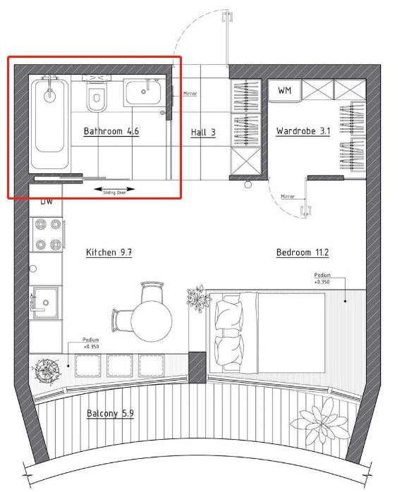 照样也能坐拥浴缸 谁说小房间就不配拥有浴缸的?大方给卫生间分配4.