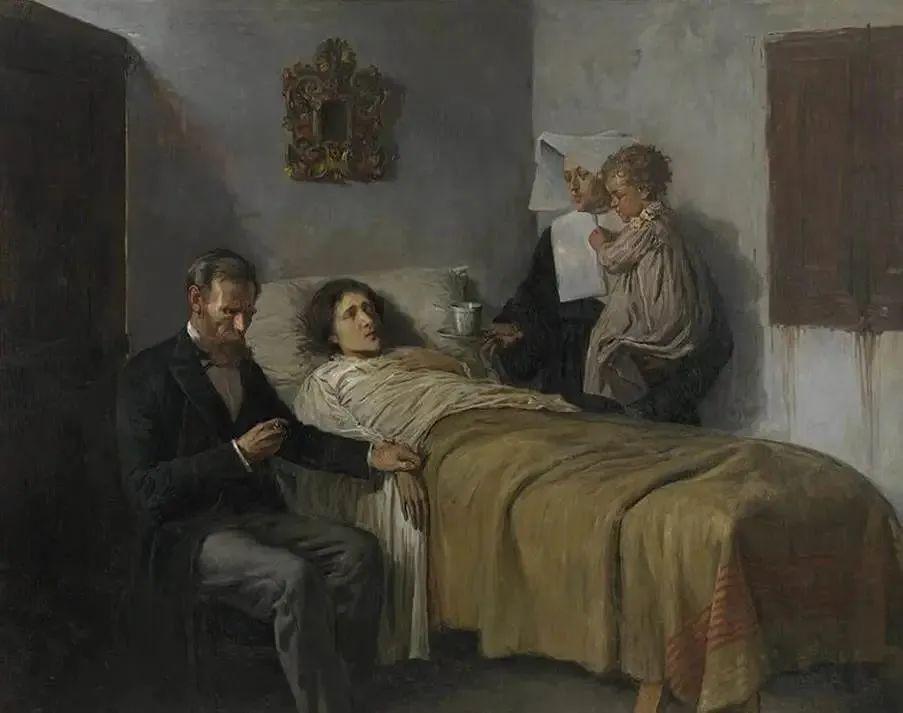 1897年,年仅16岁的毕加索的作品,画面中的医生以他父亲为模特,病床上