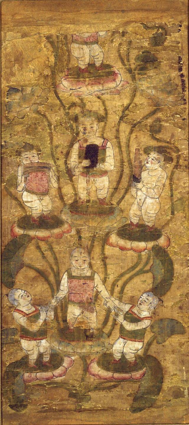敦煌绢画:莲上化生童子图_莲花