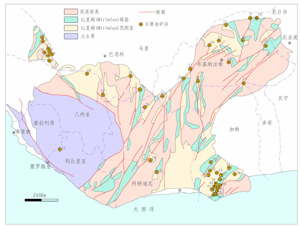 greenstone)及主要金矿分布图群以及几内亚西芒杜岩系中对应地层的