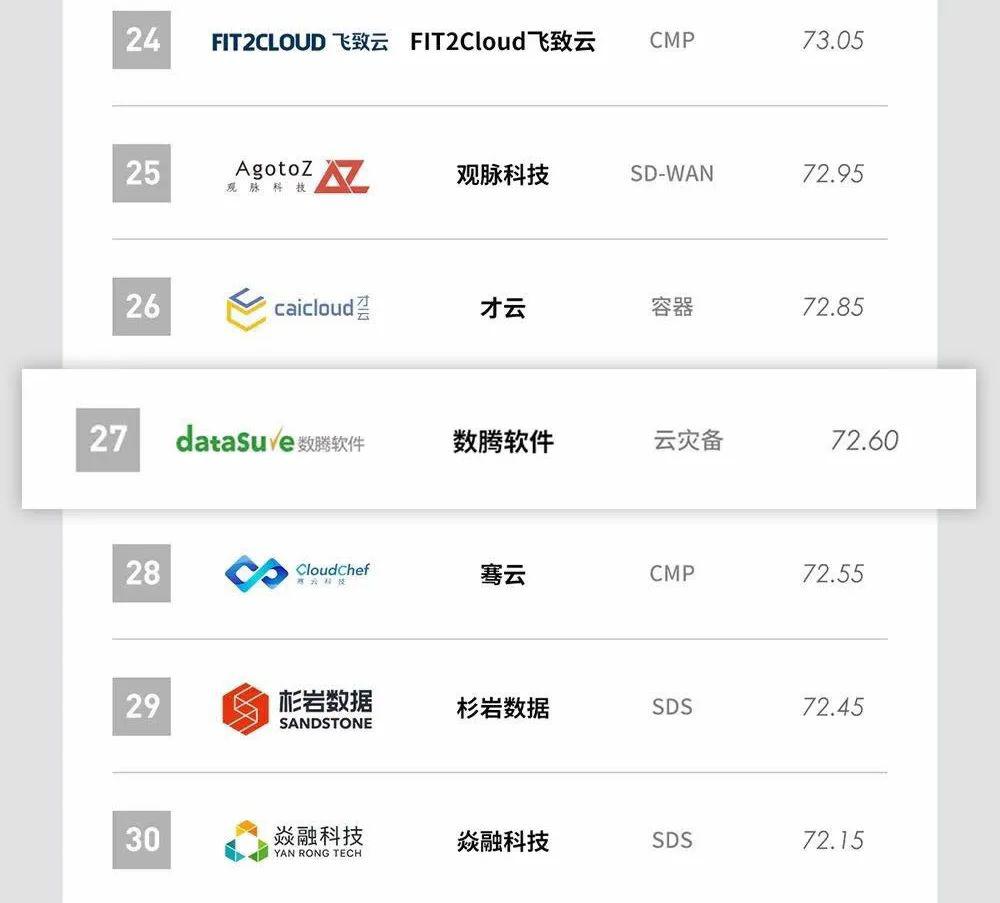 數騰榮登2020中國雲計算廠商top30,成為雲災備領域唯一登榜企業