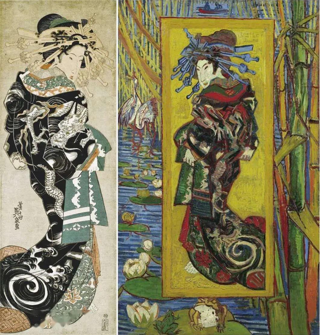 1887年,梵高模仿日本浮世绘用油画颜料和油画笔又绘制了另外两幅油画