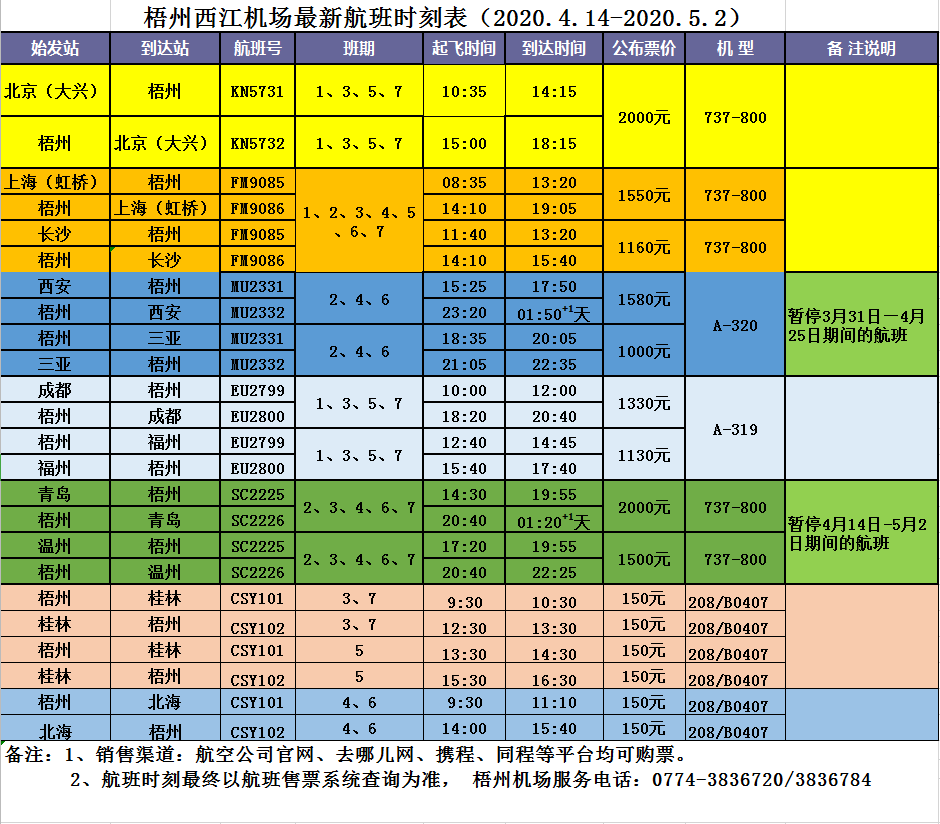 最新!梧州西江機場4月份航班及機場專線時刻表