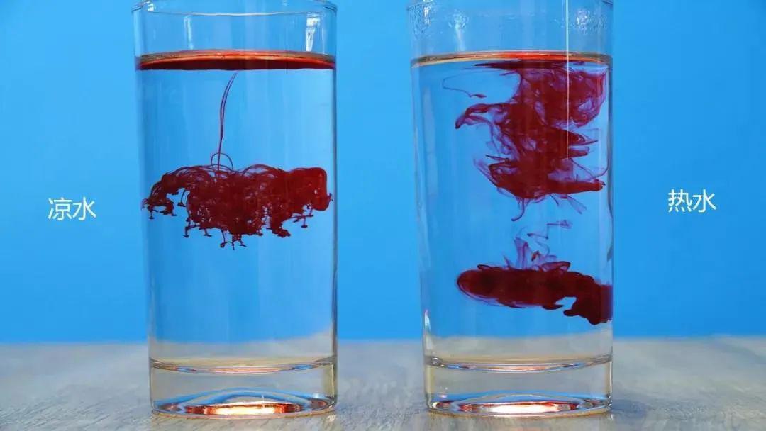 取两个大小相同的玻璃杯,分别装上等量的热水和冷水,然后滴入红色墨水