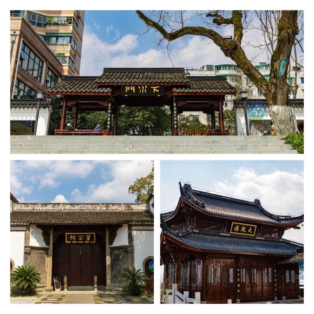 现有郁达夫故居,鹳山公园,江畔民居造型建筑,沿线布置自行车道,景观