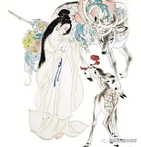 嘴衔灵芝的鹿鹤衔灵芝的麻姑献寿图后来民间艺人多以此传说作画以贺寿