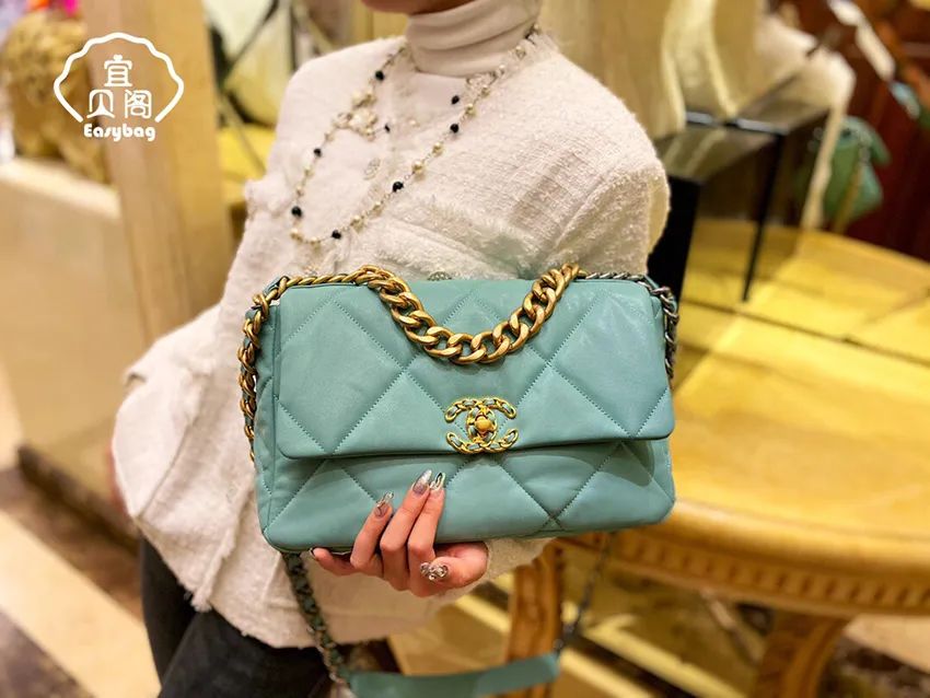 薄荷绿中号和小号【千鸟格奶茶色】香奈儿chanel 19手袋毛呢款千鸟格