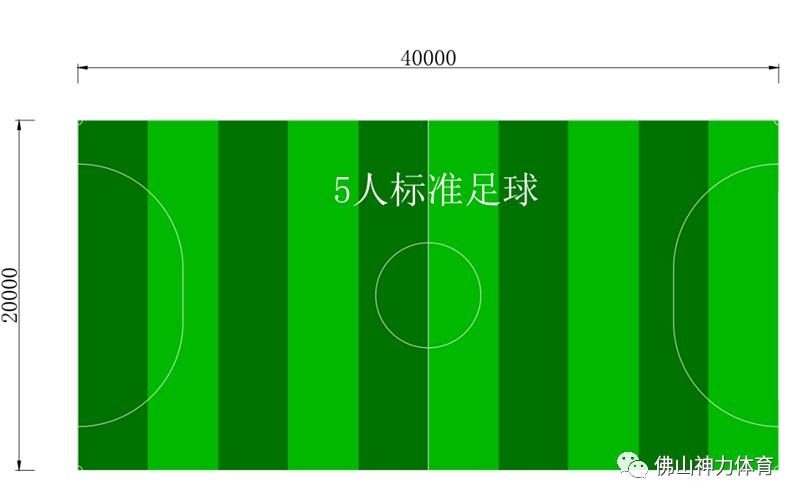 五人制标准足球场尺寸辅区(绿色)面积:9382㎡;主区(蓝色)尺寸:长2