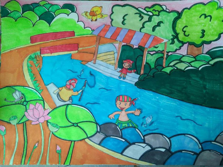河边风景图儿童画图片