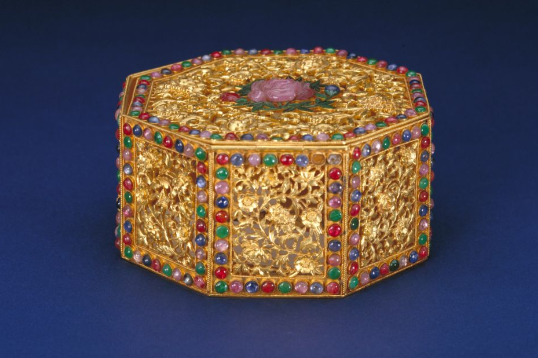 故宫国宝金錾花卉纹嵌宝石盒小小的盒子竟用宝石318粒