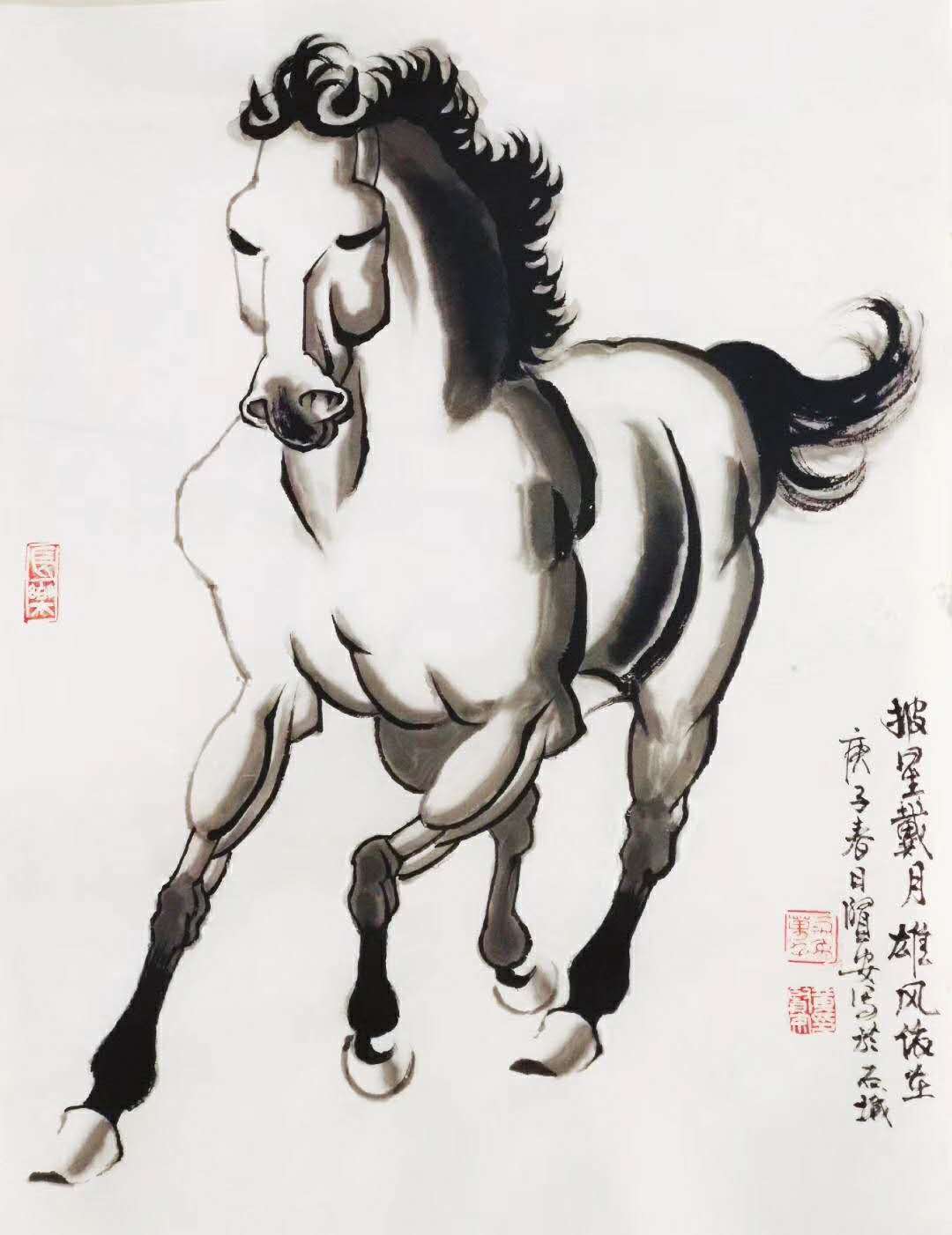 黄贤安吸收了刘继卣画马的造型,兼收国外和汉唐石雕,壁画中骏马的矮壮