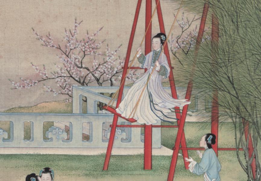 趁着春光正好,荡秋千玩,杏花和秋千,成了春日的代表,在经书皮上,在