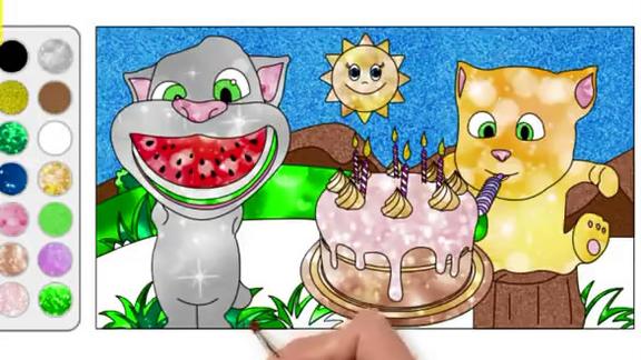 儿童简笔画会说话的汤姆猫过生日了