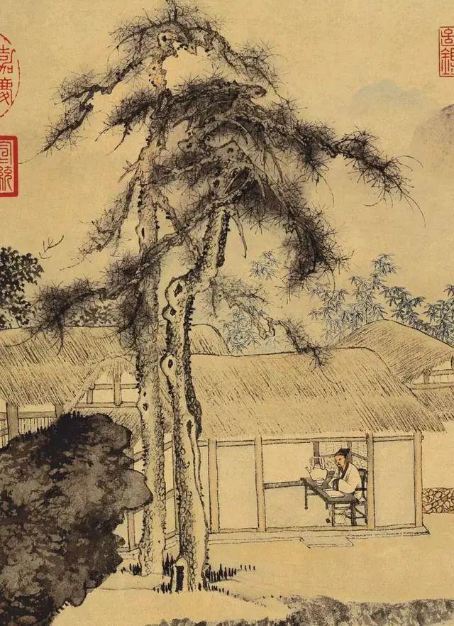 局部此画是山水人物画,描绘了文人学士悠游山水间,夏日相邀品茶的情景