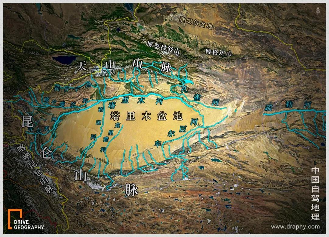 ▼制图@《中国自驾地理》塔里木盆地与水系图翻开地图,看看新疆南部的