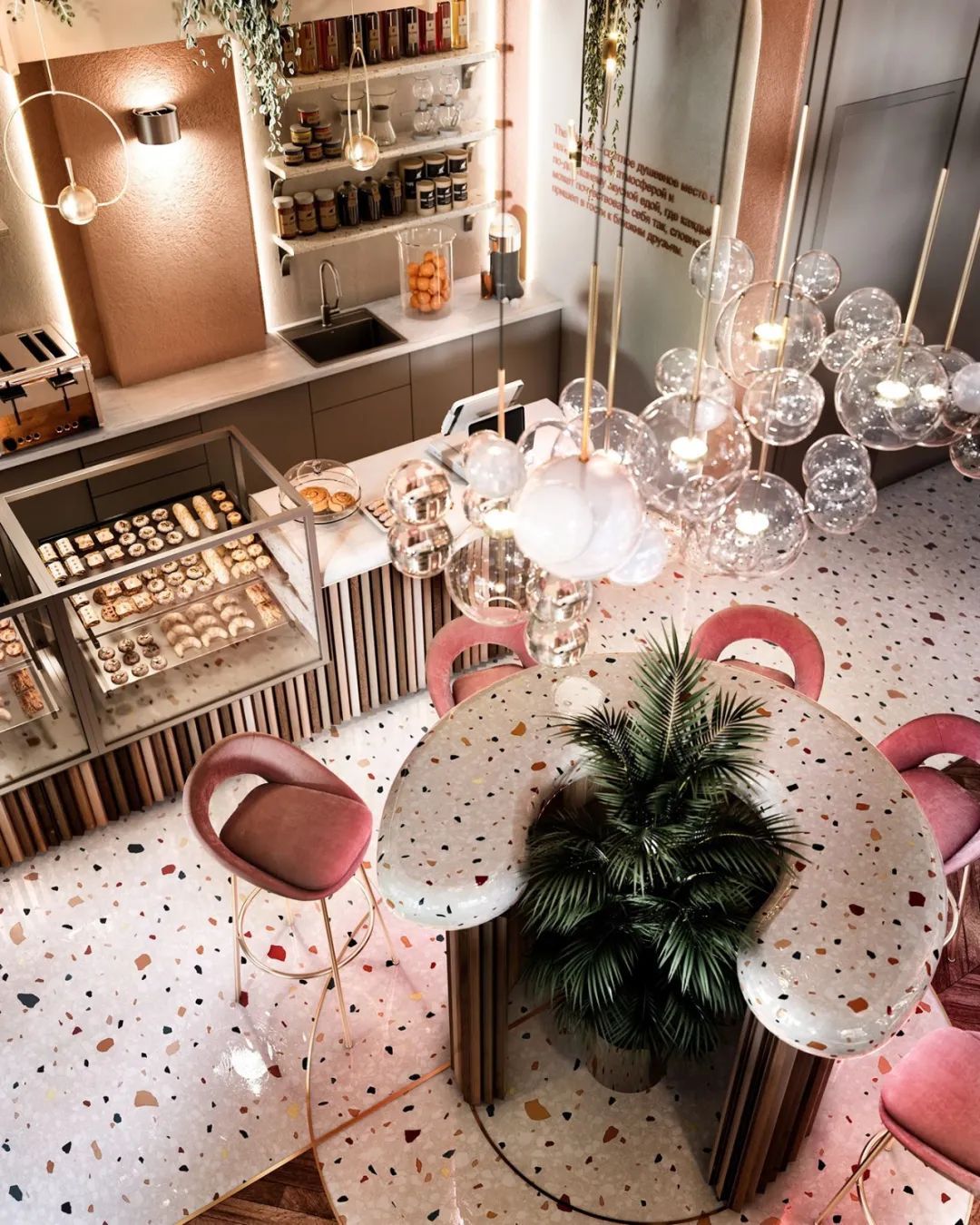 国外梦幻主题网红餐厅装修设计 水磨石 黄铜打造满满高级感!