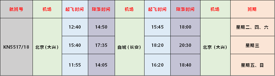 白城机场 航班表图片