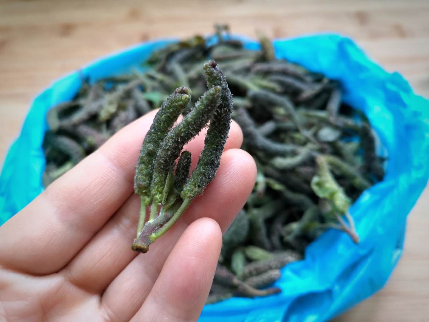 构穗麦饭食材配料:构树穗半斤 面粉1小碗 2个蒜粒 半根红椒 少许辣椒