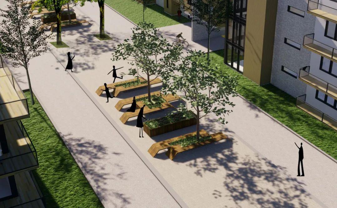 此次的种植容器设计,以公共健康为背景,结合小区休憩设施不足的问题
